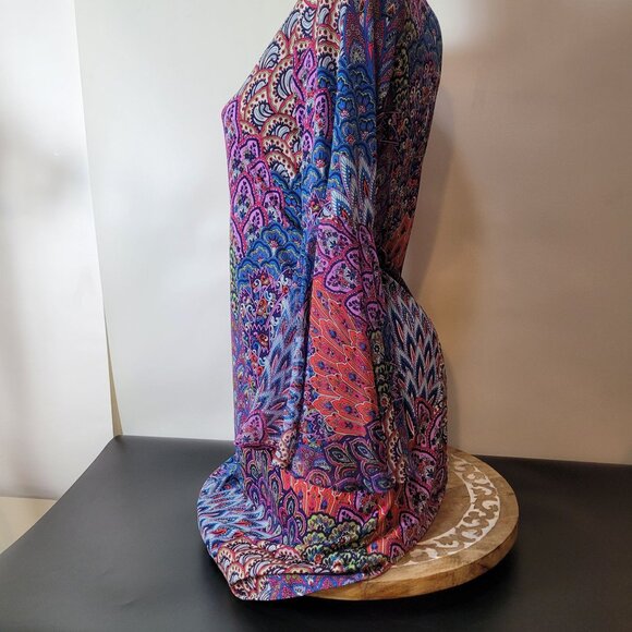 Bohemian/Retro Style Bell Sleeve Tunic Dress Multicolor Peacock Feather Print - Picture 9 of 16